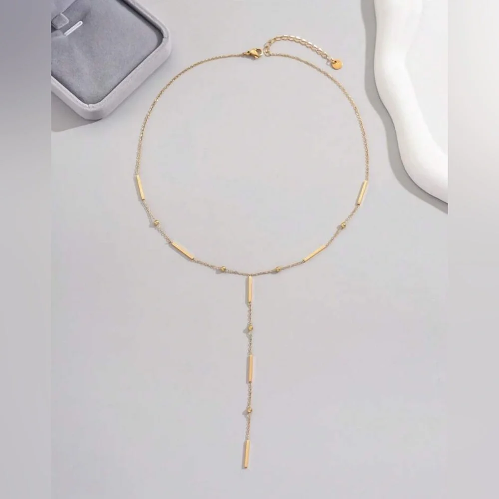 Gold Plated Stainless Steel Bar Lariat Necklace